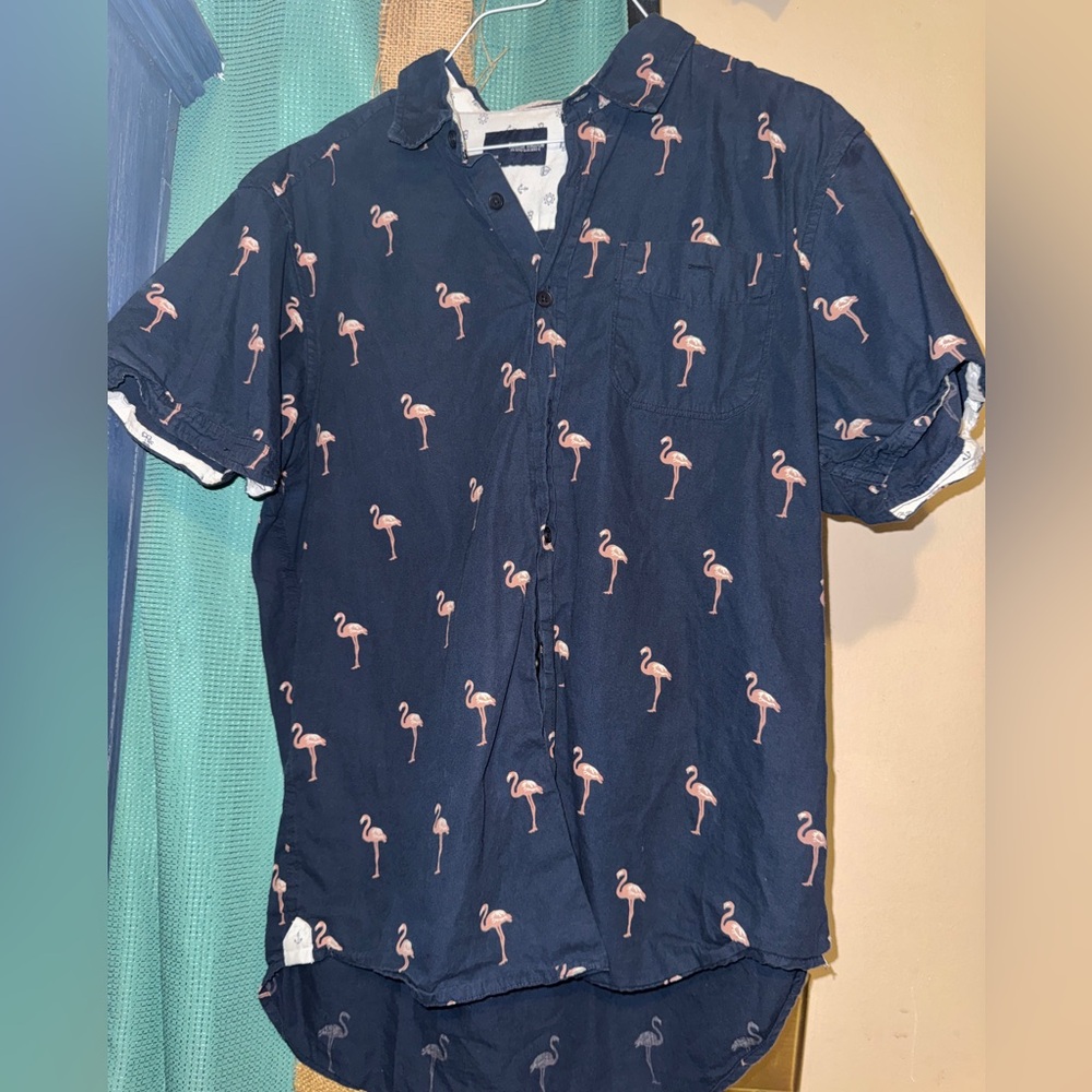 Men’s Navy Flamingo Print Short sleeve button up sunrise kingdom